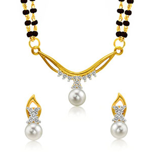 Mahi Gold Plated Princess Double Chain Mangalsutra Set with CZ & Pearl for Women