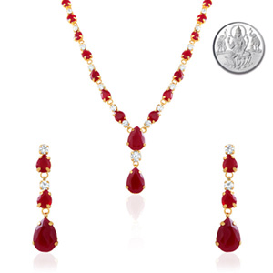 Oviya Gold Plated Red Charismatic Necklace Set with Crystals for Women with Free Silver Laxmi Coin