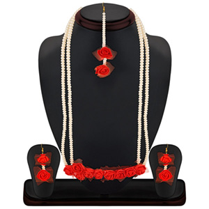 Oviya Gold Plated Exquisite Gotta Patti Red Floral Inspired Necklace Set with Artificial Pearl