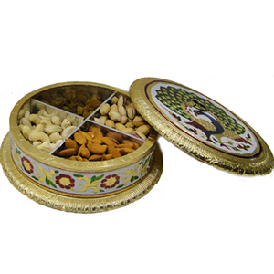 Round shaped gift box with wooden base, brass lid and meena work