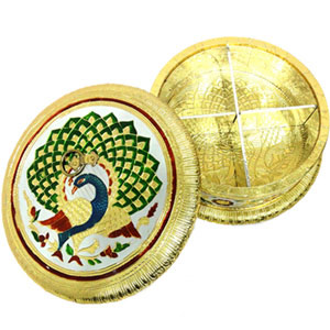 Golden, round shaped gift box with wooden base, brass cover and meena work