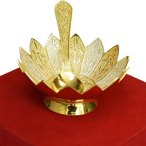 Buy this Gold & Silver Lotus Shaped Bowl with Matching Spoon Set