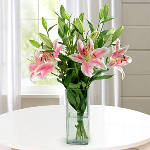 Send Pink Oriental Lilies in Glass Vase Online - EXFNP209VL19 | Giftalove