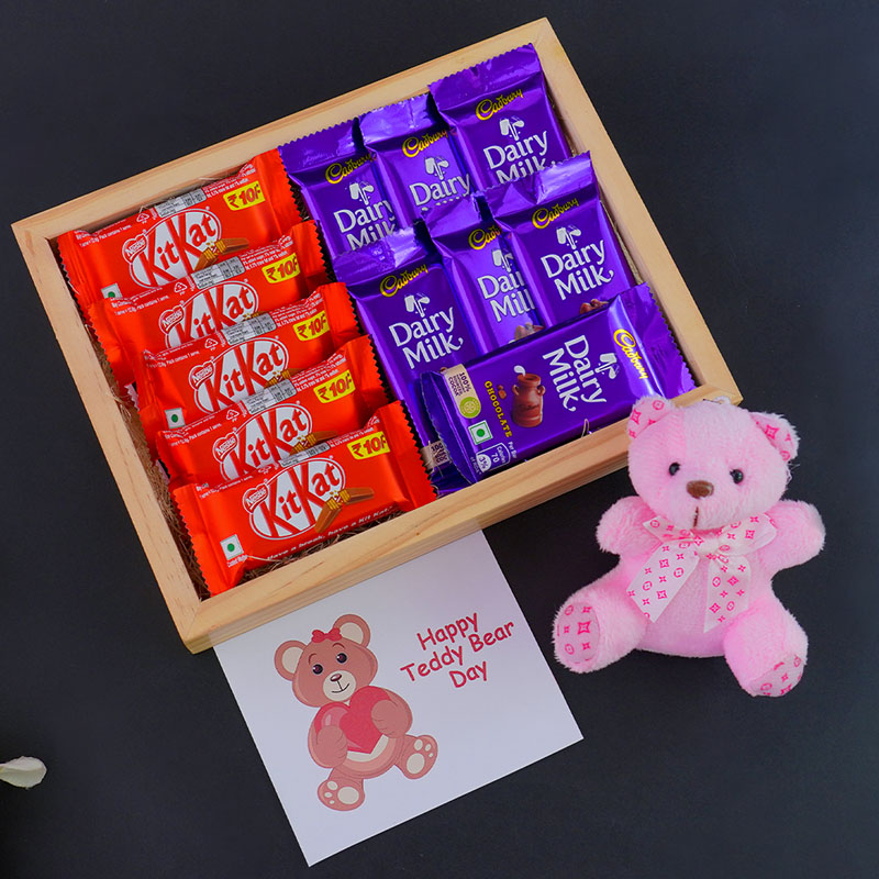 Send Chocolates with Teddy Keychain in Wooden Tray Teddy Day Gift