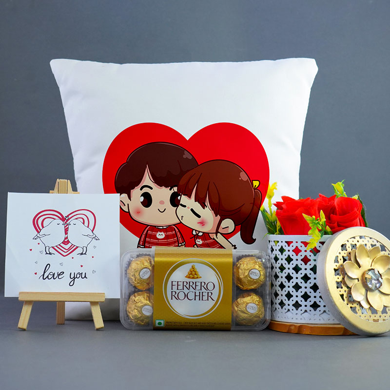 Send Ferrero Rocher Chocolates with Personalized Cushion Combo for Kiss