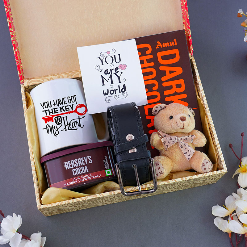 Send Gift Pack of Teddy Key Chain with Chocolate and Mug for Boyfriend