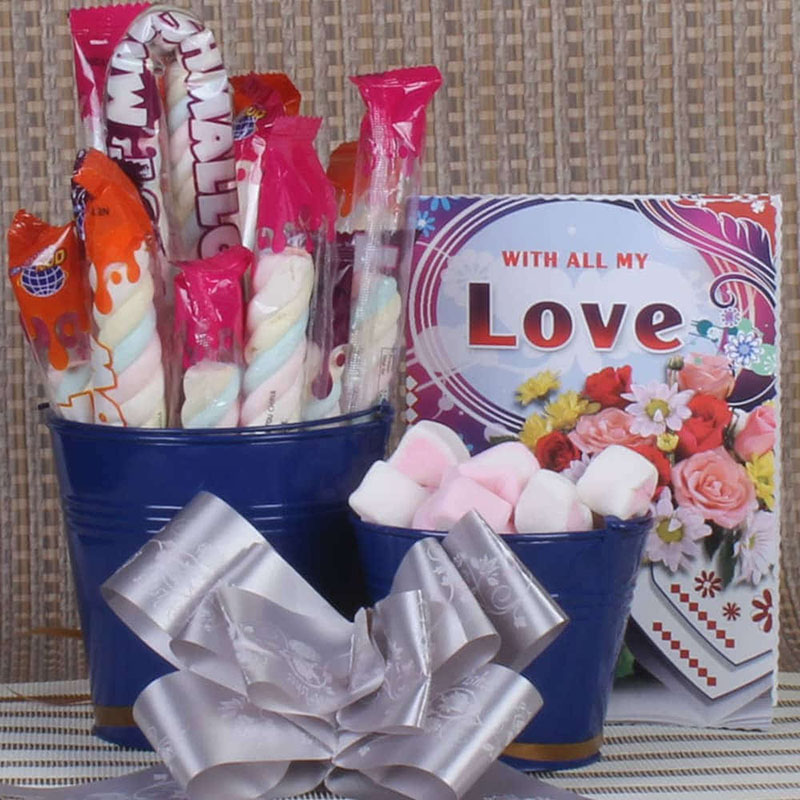 Send Marshmallows in Buckets with Greeting Card Valentine Gift Online