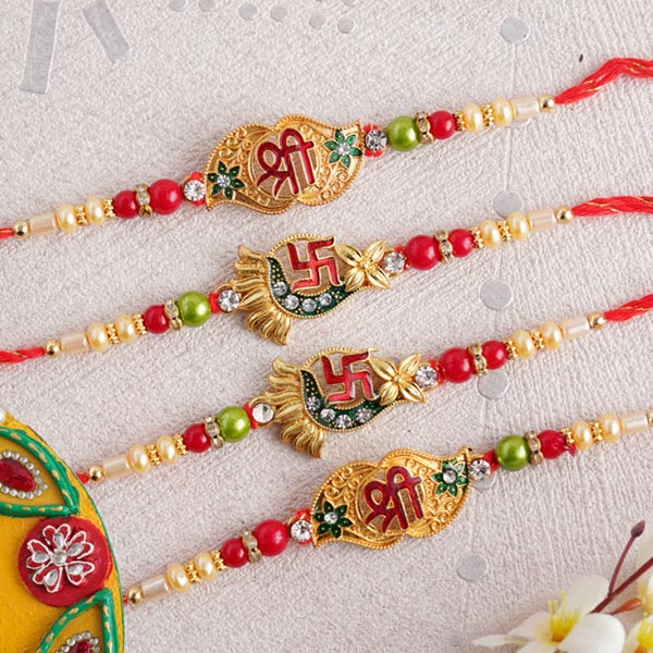 Send Two Swastika And Two Shree Golden Rakhi Set Online Rkh21 99043