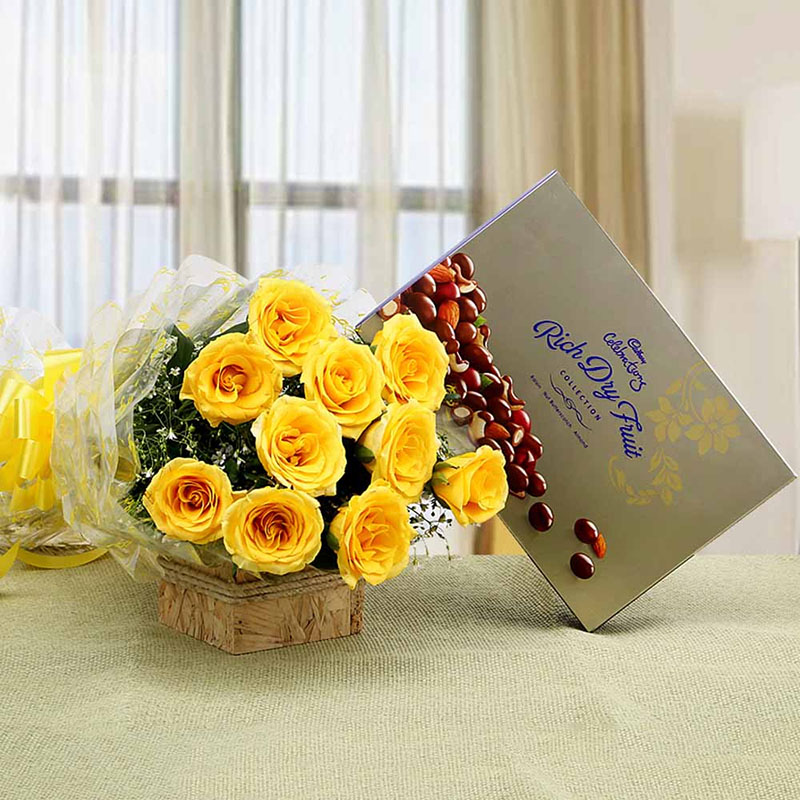 Send Yellow Roses with Celebration Chocolate Pack Rose Day Gift Online
