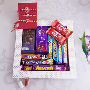 3 Designer Rakhi set With Chocolates Tray