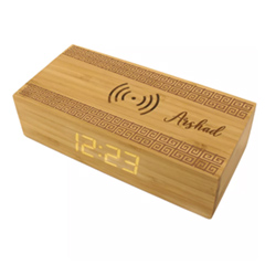 Engraved Text Bamboo Wireless Charger with Clock
