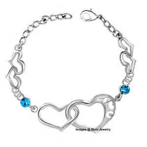 Oviya Rhodium Plated Blue Alloy Dual Heart Link Bracelet with Crystal Stones 