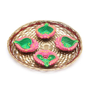 Decorative Wooden Basket with Four Designer Diyas 