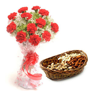 Red Carnations with Mixed Dryfruit Basket