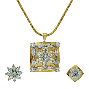 Mahi Mismatched Gold plated White Round, Oval and Marquise Cubic Zirconia Square Floral Pendant set