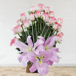 Beautiful Basket Arrangement of Lilies & Roses