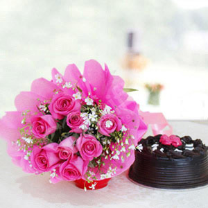Fresh Pink Roses & Truffle Cake (500gm)