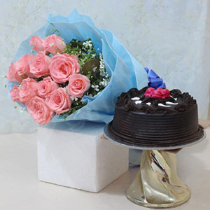 Baby Pink Rose Bouquet with Chocolate Cake Online
