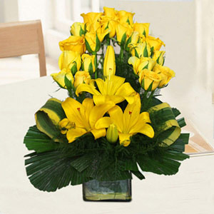 Yellow Roses & Lilies Glass Vase