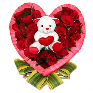 Red Rose Heart Basket with Cute Teddy