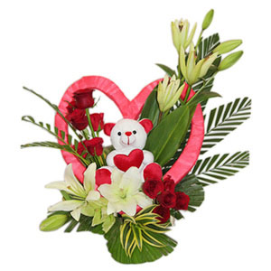 Colorful Heart Shape Flower Basket with Teddy