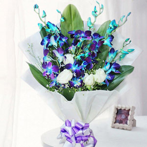 Bouquet of Blue Orchids & White Roses