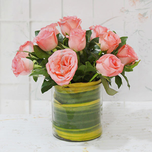 Peach Roses in Glass Vase