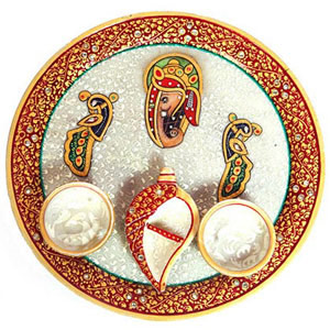 Ganesh and Peacock Engraved Meenakari Pooja Plate