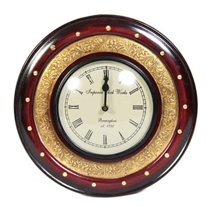 Wooden and brass round wall clock