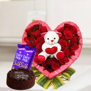 Heart Shape Red Roses with Cake & Chocolate 