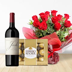 Red Rose Bouquet with Red Wine and Ferrero Rocher