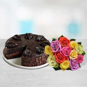 Chocolate Mousse Cake with Dozen Mixed Roses Bouquet