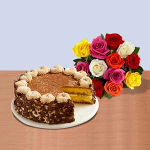 Tiramisu Cake with Dozen Mixed Bouquet of Roses