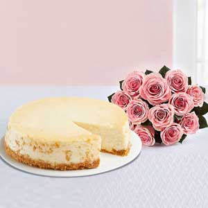 NY Cheesecake with Dozen Pink Roses Bouquet