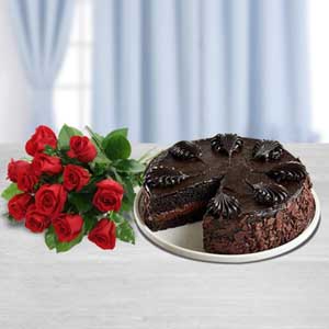 Chocolate Mousse Cake and Red Roses Bouquet Combo