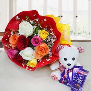 Mixed Roses with Chocolate & Teddy