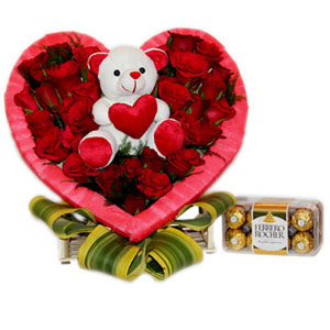 Jovial Red Roses Basket & Chocolate Combo : Valentine Heart Shape Flowers