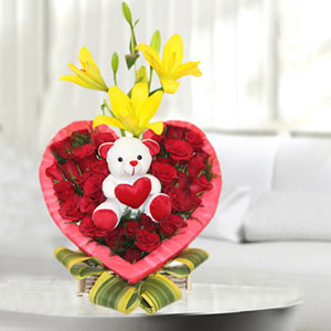 Heart Shaped Flower basket with Teddy - Valentine Heart Shape Flowers