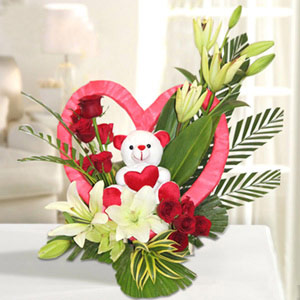 Romantic Flower Basket with Teddy 