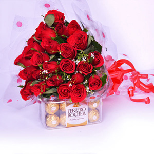 Alluring Red Roses with Ferrero Rocher Chocolate Pack