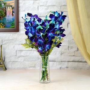 Blissful Blue Orchids in Glass Vase Arrangement