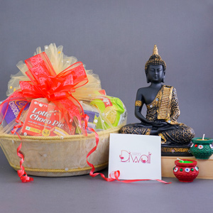 Buddha Statue with Diya N Basket for Corporate Diwali Gift Hamper 