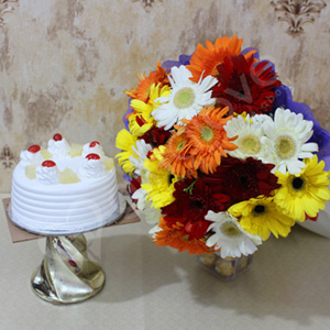 Bunch of Mixed Gerbera Flowers with Pineapple Cake 