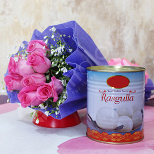 Bunch of Pink Roses with Rasgulla Sweet