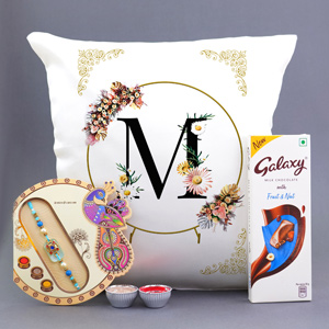Combo of Designer Rakhi with Chocolate N Alphabet Cushion