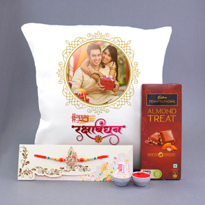 Combo of Spiritual Rakhi with Customized Cushion N Chocolates