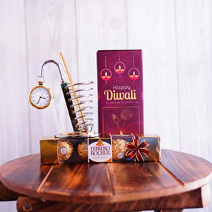 Diwali Temptation Chocolate with Pen Stand Clock with Pen Hamper