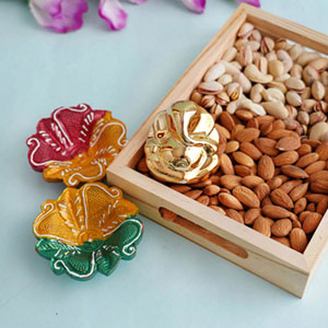 Dryfruit Tray with Lord Ganesha N Two Diya