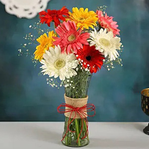 Mix Gerbera Flowers in Glass Vase Arrangement