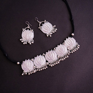  Oxidised Silver Lotus Choker Necklace Set 